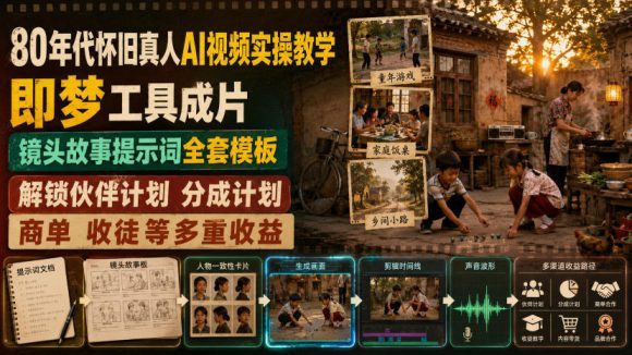 80年代怀旧真人AI视频实操教学,即梦工具成片、镜头故事提示词全套模板,解锁伙伴计划分成计划商单收徒等多重收益-1 80年代怀旧真人AI视频实操教学,即梦工具成片、镜头故事提示词全套模板,解锁伙伴计划分成计划商单收徒等多重收益