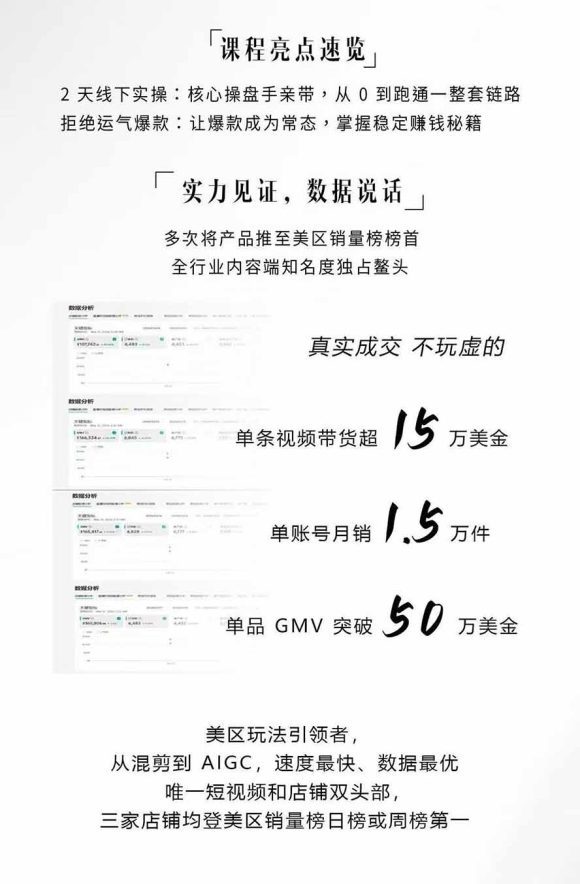 AIGC×TikTok美区短视频带货线下课；两天一夜完整回放，12小时高清视频收录头部操盘手全流程教学