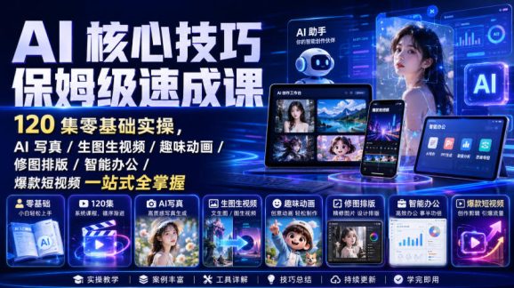 AI核心技巧保姆级速成课|120集零基础实操,AI写真/生图生视频/趣味动画/修图排版/智能办公/爆款短视频一站式全掌握-1 AI核心技巧保姆级速成课|120集零基础实操,AI写真/生图生视频/趣味动画/修图排版/智能办公/爆款短视频一站式全掌握