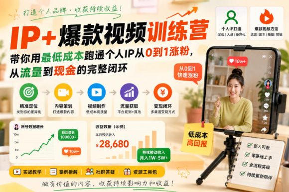 IP+爆款视频训练营,带你用最低成本跑通个人IP从0到1涨粉,从流量到现金的完整闭环-1 IP+爆款视频训练营,带你用最低成本跑通个人IP从0到1涨粉,从流量到现金的完整闭环
