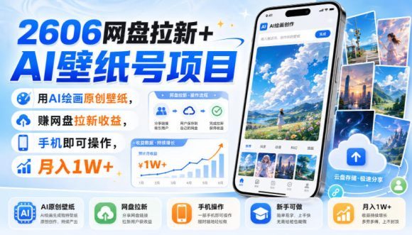 2606网盘拉新+AI壁纸号项目,用AI绘画原创壁纸,賺网盘拉新收益,手机即可操作,月入1W+-1 2606网盘拉新+AI壁纸号项目,用AI绘画原创壁纸,賺网盘拉新收益,手机即可操作,月入1W+