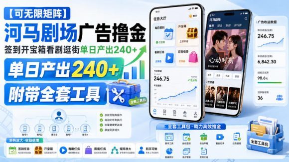 【可无限矩阵】河马剧场广告撸金,签到开宝箱看剧逛街单日产出240+,附带全套工具【揭秘】-1 【可无限矩阵】河马剧场广告撸金,签到开宝箱看剧逛街单日产出240+,附带全套工具【揭秘】