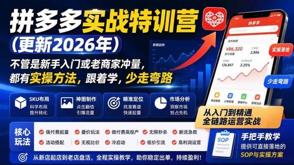 拼多多实战特训营(更新26年0821)：不管是新手入门或老商家冲量，都有实操方法，跟着学，少走弯路
