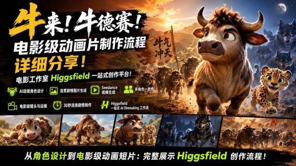牛来！牛德赛！电影级动画片制作流程详细分享！电影工作室Higgsfield一站式创作平台！