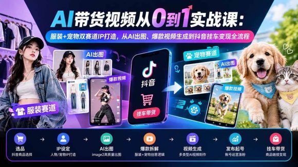 AI带货视频从0到1实战课：服装+宠物双赛道IP打造，从AI出图、爆款视频生成到抖音挂车变现全流程
