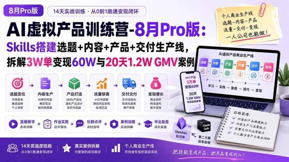 AI虚拟产品训练营-8月Pro版:Skills搭建选题+内容+产品+交付生产线,拆解3W单变现60W与20天1.2W GMV案例-1 AI虚拟产品训练营-8月Pro版:Skills搭建选题+内容+产品+交付生产线,拆解3W单变现60W与20天1.2W GMV案例