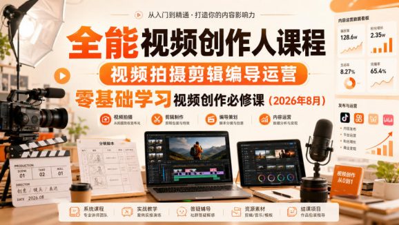 全能视频创作人课程,视频拍摄剪辑编导运营,零基础学习视频创作必修课(2026年8月)-1 全能视频创作人课程,视频拍摄剪辑编导运营,零基础学习视频创作必修课(2026年8月)