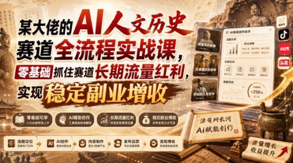 某大佬的AI人文历史赛道全流程实战课，零基础抓住赛道长期流量红利，实现稳定副业增收