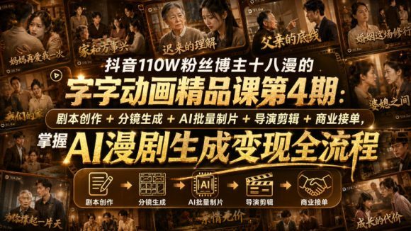 抖音110W粉丝博主十八漫的字字动画精品课第4期:剧本创作+分镜生成+剪辑+商业接单,掌握AI漫剧生成变现全流程-1 抖音110W粉丝博主十八漫的字字动画精品课第4期:剧本创作+分镜生成+剪辑+商业接单,掌握AI漫剧生成变现全流程