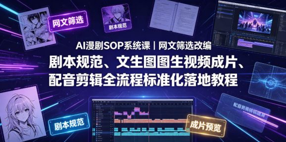 AI漫剧SOP系统课｜网文筛选改编、剧本规范、文生图图生视频成片、配音剪辑全流程标准化落地教程(更新0826)