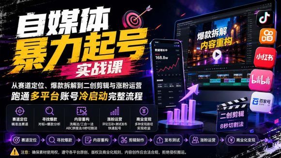 自媒体暴力起号实战课:从赛道定位、爆款拆解到二创剪辑与涨粉运营,跑通多平台账号冷启动完整流程-1 自媒体暴力起号实战课:从赛道定位、爆款拆解到二创剪辑与涨粉运营,跑通多平台账号冷启动完整流程