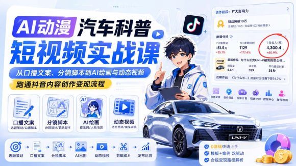 AI动漫汽车科普短视频实战课:从口播文案、分镜脚本到AI绘画与动态视频,跑通抖音内容创作变现流程-1 AI动漫汽车科普短视频实战课:从口播文案、分镜脚本到AI绘画与动态视频,跑通抖音内容创作变现流程