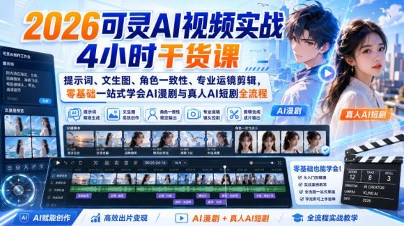 2026可灵AI视频实战4小时干货课|提示词、文生图、角色一致性、专业运镜剪辑,零基础一站式学会AI漫剧与真人AI短剧全流程-1 2026可灵AI视频实战4小时干货课|提示词、文生图、角色一致性、专业运镜剪辑,零基础一站式学会AI漫剧与真人AI短剧全流程