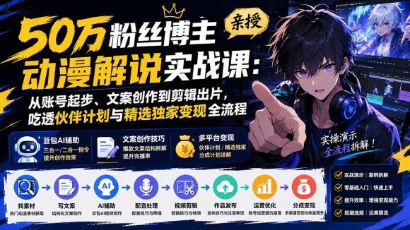 50万粉丝博主亲授动漫解说实战课:从账号起步、文案创作到剪辑出片,吃透伙伴计划与精选独家变现全流程-1 50万粉丝博主亲授动漫解说实战课:从账号起步、文案创作到剪辑出片,吃透伙伴计划与精选独家变现全流程