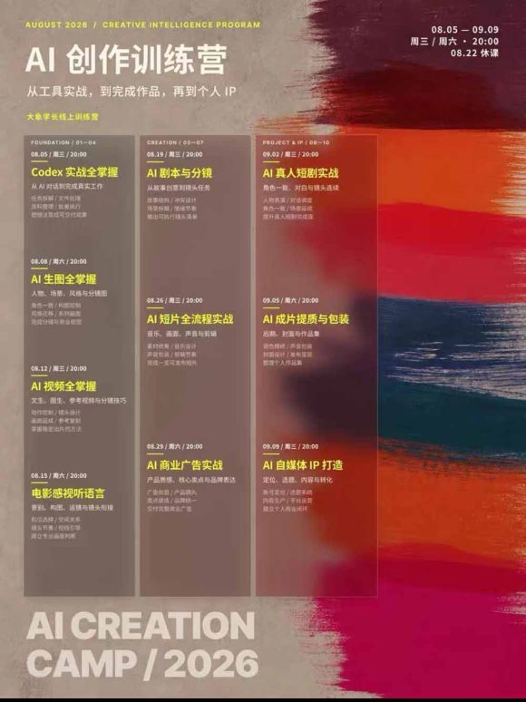 AI+创作训练营26年8月第5期:从Codex、AI生图视频到剧本分镜与电影感短片,跑通个人IP商业闭环-2 AI+创作训练营26年8月第5期:从Codex、AI生图视频到剧本分镜与电影感短片,跑通个人IP商业闭环