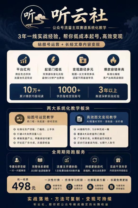 听云社公众号流量主双赛道系统化教学,3年一线实战经验,帮你低成本起号,高效变现,贴图号运营+长短文章内容变现-2 听云社公众号流量主双赛道系统化教学,3年一线实战经验,帮你低成本起号,高效变现,贴图号运营+长短文章内容变现