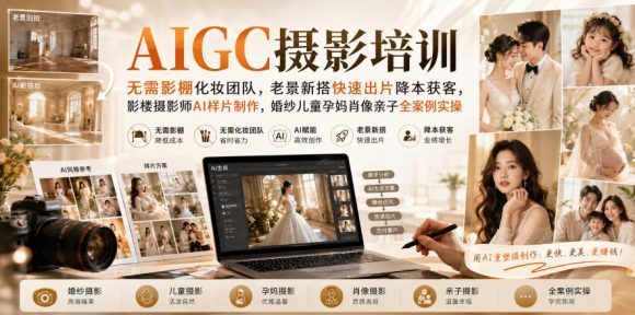 AIGC摄影培训｜无需影棚化妆团队，老景新搭快速出片降本获客，影楼摄影师AI样片制作，婚纱儿童孕妈肖像亲子全案例实操