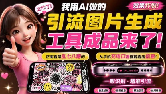 自媒体引流工具来了，把你的微信藏到图片中，正面看是乱七八糟的乱码，手机平躺从充电口看就能看出实际内容