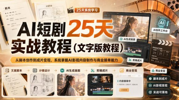 AI短剧25天实战教程(文字版教程),从脚本创作到成片变现,系统掌握AI影视内容制作与商业接单能力-1 AI短剧25天实战教程(文字版教程),从脚本创作到成片变现,系统掌握AI影视内容制作与商业接单能力