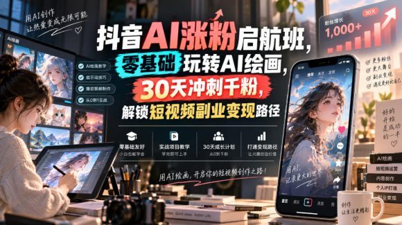 抖音AI涨粉启航班，零基础玩转AI绘画，30天冲刺千粉，解锁短视频副业变现路径