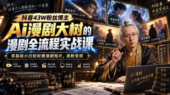 抖音43W粉丝博主Ai漫剧大树的漫剧制作全流程实战课,零基础小白轻松做漫剧短片,涨粉变现-1 抖音43W粉丝博主Ai漫剧大树的漫剧制作全流程实战课,零基础小白轻松做漫剧短片,涨粉变现