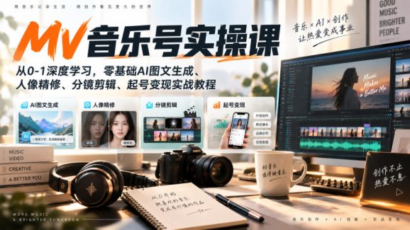 AI MV音乐号实操课,从0-1深度学习,零基础AI图文生成、人像精修、分镜剪辑、起号变现实战教程-1 AI MV音乐号实操课,从0-1深度学习,零基础AI图文生成、人像精修、分镜剪辑、起号变现实战教程