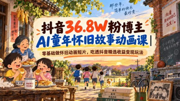 抖音36.8W粉博主AI童年怀旧故事动画课｜零基础做怀旧动画短片，吃透抖音精选收益变现玩法