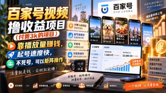 百家号视频撸收益项目(付费3k的项目),靠播放量賺钱,起号速度快,不死号,可以矩阵操作-1 百家号视频撸收益项目(付费3k的项目),靠播放量賺钱,起号速度快,不死号,可以矩阵操作