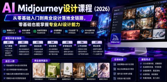 AI Midjourney设计课程(2026)，从零基础入门到商业设计落地全链路，零基础也能掌握专业AI设计能力(更新0913)