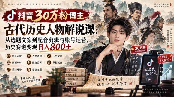 抖音30万粉博主古代历史人物解说课:从选题文案到配音剪辑与账号运营,历史赛道变现日入800+-1 抖音30万粉博主古代历史人物解说课:从选题文案到配音剪辑与账号运营,历史赛道变现日入800+