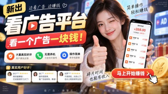 新出看广告平台,看一个广告一块钱,大量真实好评!无需养机、不会黑号,操作简单【揭秘】-1 新出看广告平台,看一个广告一块钱,大量真实好评!无需养机、不会黑号,操作简单【揭秘】