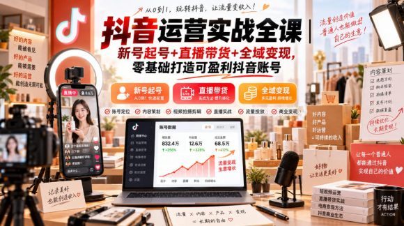 抖音运营实战全课|新号起号+直播带货+全域变现,零基础打造可盈利抖音账号-1 抖音运营实战全课|新号起号+直播带货+全域变现,零基础打造可盈利抖音账号