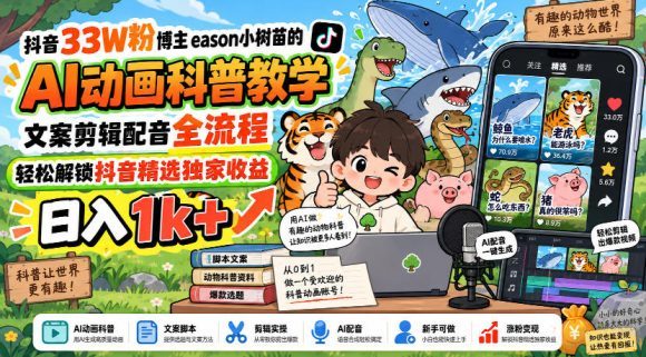 抖音33W粉博主eason小树苗的AI动画科普教学，文案剪辑配音全流程，轻松解锁抖音精选独家收益，日入1k+