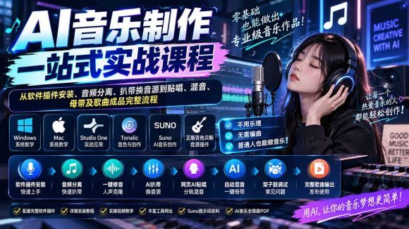 AI音乐制作一站式实战课程:从软件插件安装、音频分离、扒带换音源到贴唱、混音、母带及歌曲成品完整流程-1 AI音乐制作一站式实战课程:从软件插件安装、音频分离、扒带换音源到贴唱、混音、母带及歌曲成品完整流程