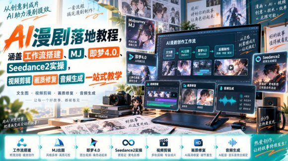 AI漫剧落地教程,涵盖工作流搭建、MJ、即梦4.0、Seedance2实操,视频剪辑画质修复音频生成一站式教学-1 AI漫剧落地教程,涵盖工作流搭建、MJ、即梦4.0、Seedance2实操,视频剪辑画质修复音频生成一站式教学
