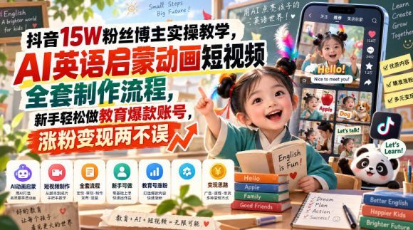抖音15W粉丝博主实操教学,AI英语启蒙动画短视频全套制作流程,新手轻松做教育爆款账号,涨粉变现两不误-1 抖音15W粉丝博主实操教学,AI英语启蒙动画短视频全套制作流程,新手轻松做教育爆款账号,涨粉变现两不误