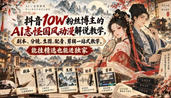 抖音10W粉丝博主满堂诡事的AI志怪国风动漫解说教学，剧本、分镜、生图、配音、剪辑一站式教学，能挂精选也能进独家​