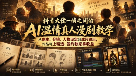 抖音大佬一帧之间的AI温情真人漫剧教学，从剧本、分镜、人物设定到成片输出，作品可上精选、签约独家拿收益
