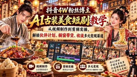 抖音4W粉丝博主AI古装美食短剧教学,从视频制作到剪辑实操,解锁伙伴计划、橱窗带货、收徒多元变现渠道-1 抖音4W粉丝博主AI古装美食短剧教学,从视频制作到剪辑实操,解锁伙伴计划、橱窗带货、收徒多元变现渠道