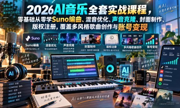 2026AI音乐实战课程,零基础从零学Suno编曲、混音优化、声音克隆、版权注册,覆盖多风格歌曲创作与账号变现-1 2026AI音乐实战课程,零基础从零学Suno编曲、混音优化、声音克隆、版权注册,覆盖多风格歌曲创作与账号变现