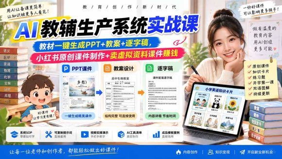 AI教辅生产系统实战课|教材一键生成PPT+教案+逐字稿,小红书原创课件制作+卖虚拟资料课件赚钱-1 AI教辅生产系统实战课|教材一键生成PPT+教案+逐字稿,小红书原创课件制作+卖虚拟资料课件赚钱