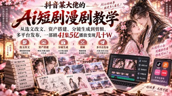 抖音某大佬的Ai短剧漫剧教学,从选文改文、资产搭建、分镜生成到剪辑、多平台发布,一部剧41集5亿播放变现几十W-1 抖音某大佬的Ai短剧漫剧教学,从选文改文、资产搭建、分镜生成到剪辑、多平台发布,一部剧41集5亿播放变现几十W