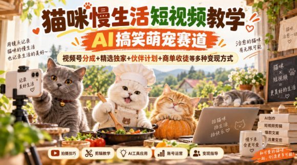 猫咪慢生活短视频教学,AI搞笑萌宠赛道,视频号分成+精选独家+伙伴计划+商单收徒等多种变现方式-1 猫咪慢生活短视频教学,AI搞笑萌宠赛道,视频号分成+精选独家+伙伴计划+商单收徒等多种变现方式