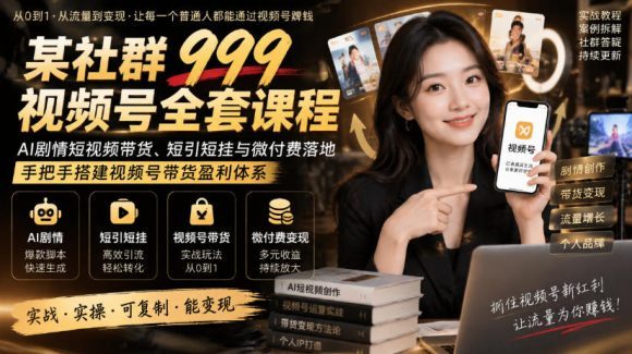 某社群999视频号全套课程,AI剧情短视频带货、短引短挂与微付费落地,手把手搭建视频号带货盈利体系-1 某社群999视频号全套课程,AI剧情短视频带货、短引短挂与微付费落地,手把手搭建视频号带货盈利体系