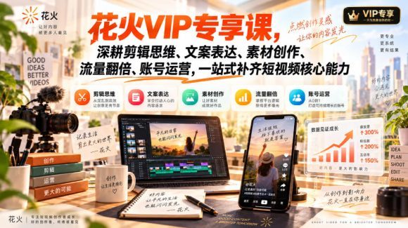 花火VIP专享课,深耕剪辑思维、文案表达、素材创作、流量翻倍、账号运营,一站式补齐短视频核心能力-1 花火VIP专享课,深耕剪辑思维、文案表达、素材创作、流量翻倍、账号运营,一站式补齐短视频核心能力