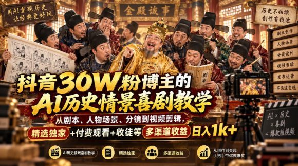 抖音30W粉博主的AI历史情景喜剧教学,从剧本、人物场景、分镜到视频剪辑,精选独家+付费观看+收徒等多渠道收益日入1k+-1 抖音30W粉博主的AI历史情景喜剧教学,从剧本、人物场景、分镜到视频剪辑,精选独家+付费观看+收徒等多渠道收益日入1k+