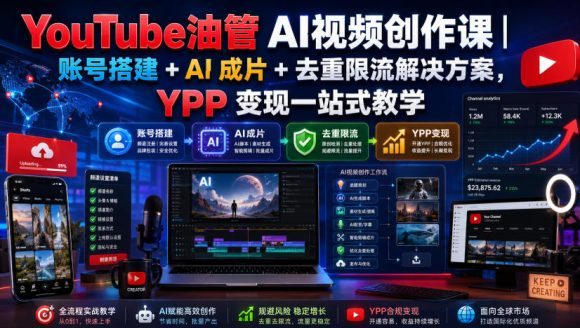 YouTube油管AI视频创作课|账号搭建+AI成片+去重限流解决方案,YPP变现一站式教学(更新0925)-1 YouTube油管AI视频创作课|账号搭建+AI成片+去重限流解决方案,YPP变现一站式教学(更新0925)