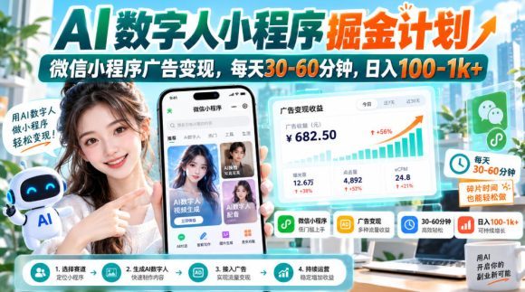 【无水印】AI数字人小程序掘金计划,微信小程序广告变现,每天30‑60分钟,日入100‑1k+-1 【无水印】AI数字人小程序掘金计划,微信小程序广告变现,每天30‑60分钟,日入100‑1k+