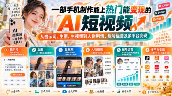 【无水印】一部手机制作能上热门能变现的AI短视频,从提示词、生图、生视频到人物剧情、账号运营及多平台变现-1 【无水印】一部手机制作能上热门能变现的AI短视频,从提示词、生图、生视频到人物剧情、账号运营及多平台变现