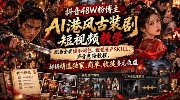 抖音48W粉博主AI港风古装剧短视频教学,配套全套提示词包、视觉资产SKILL、声音克隆教程,解锁精选独家、商单、收徒多元收益-1 抖音48W粉博主AI港风古装剧短视频教学,配套全套提示词包、视觉资产SKILL、声音克隆教程,解锁精选独家、商单、收徒多元收益
